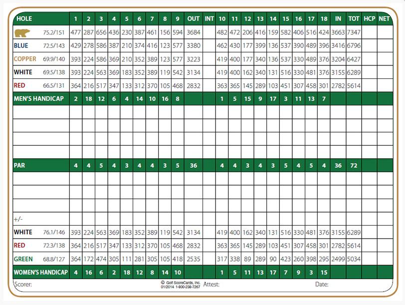 Chiricahua Golf Course Scorecard